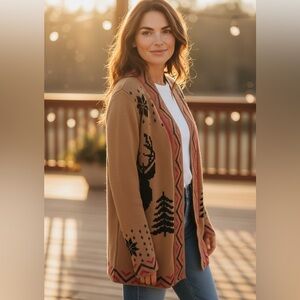 ModCloth Deer Print Cardigan Sweater Boho Cottagecore Woodland Cozy Medium